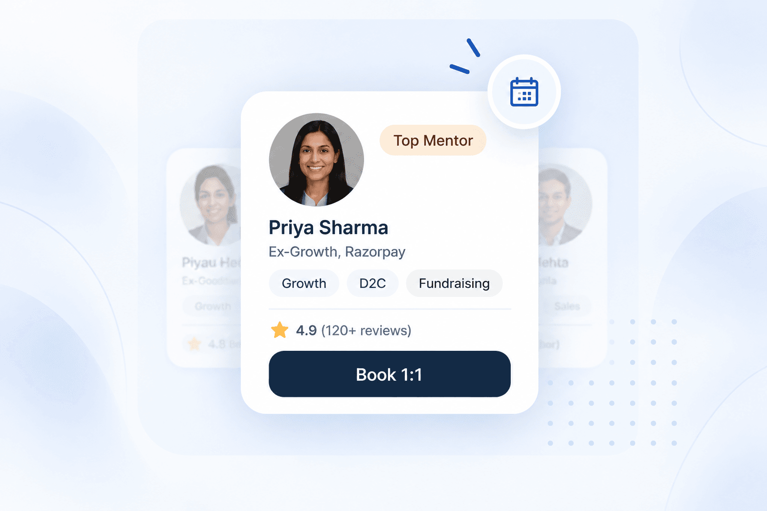 A mentor profile card with expertise tags, rating and a Book 1:1 button